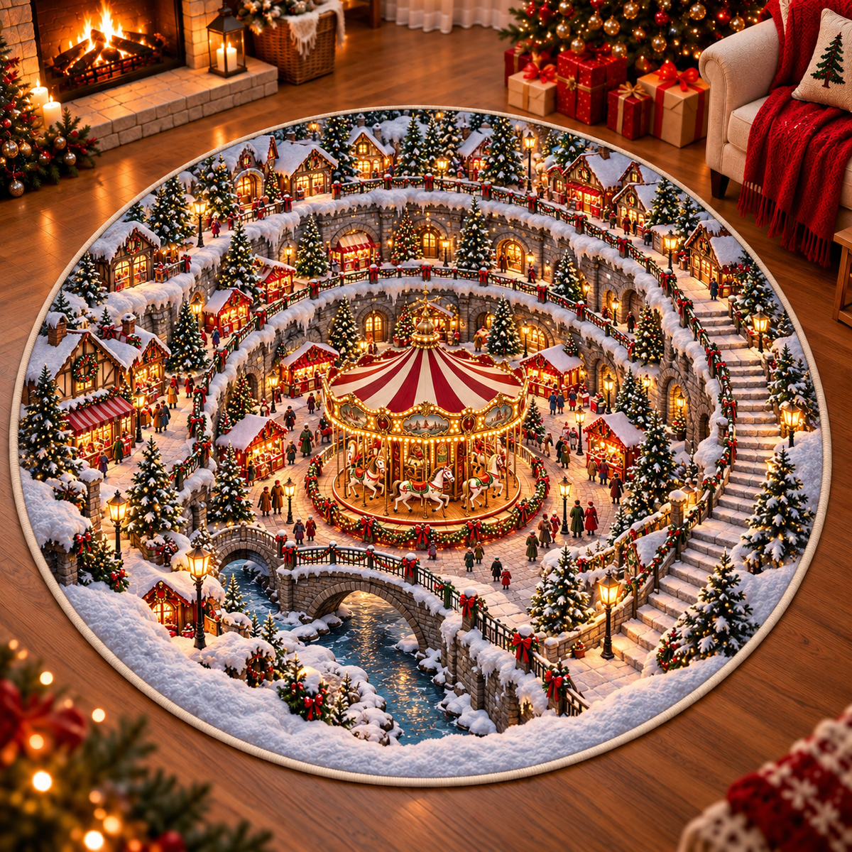 Christmas Carousel 3D Illusion Round Rug, Snowy Christmas Market Village Floor Mat, Winter Wonderland Area Carpet, Festive Holiday Home Decor ba1a7af9-0930-4800-9e69-43770098a936-6f80311d-638d-48ab-92ca-fe747f28196e.png