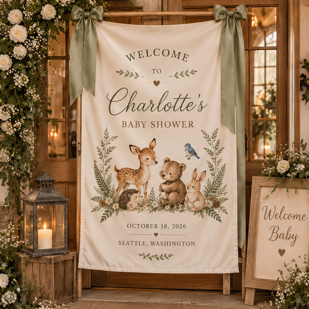 Personalized Woodland Baby Shower Welcome Sign Fabric Banner Custom Baby Shower Entrance Sign Woodland Animals Party Decor ba449367-d694-471d-ab59-1830e596e9fe-mockup_set1_image4.png
