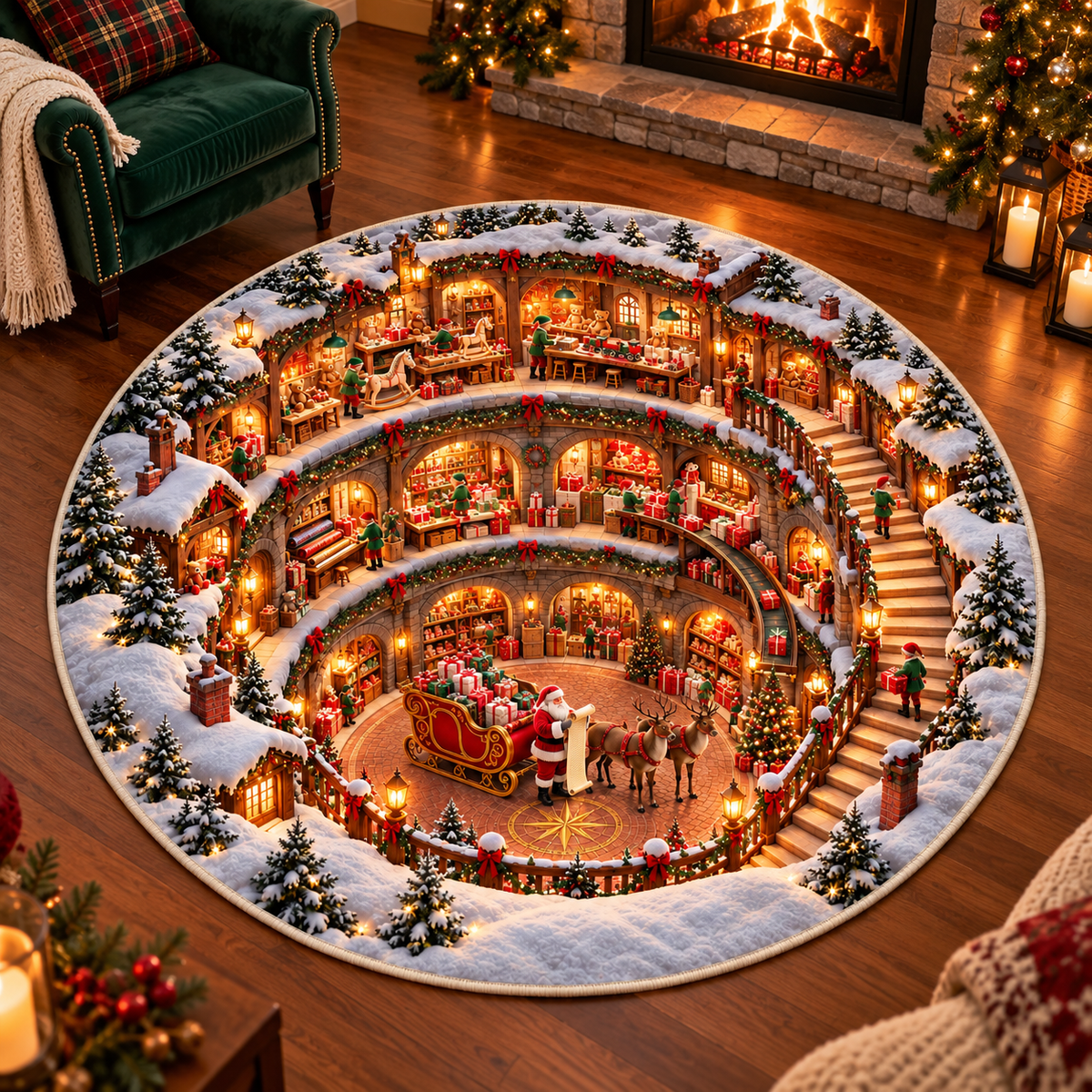 Santa’s Workshop 3D Illusion Round Rug, North Pole Christmas Village Floor Mat, Winter Wonderland Area Carpet, Festive Holiday Home Decor ba493721-db8a-4250-90c1-a9ddfbc16340-Santa-s-Secret-Workshop-Rug-1.png