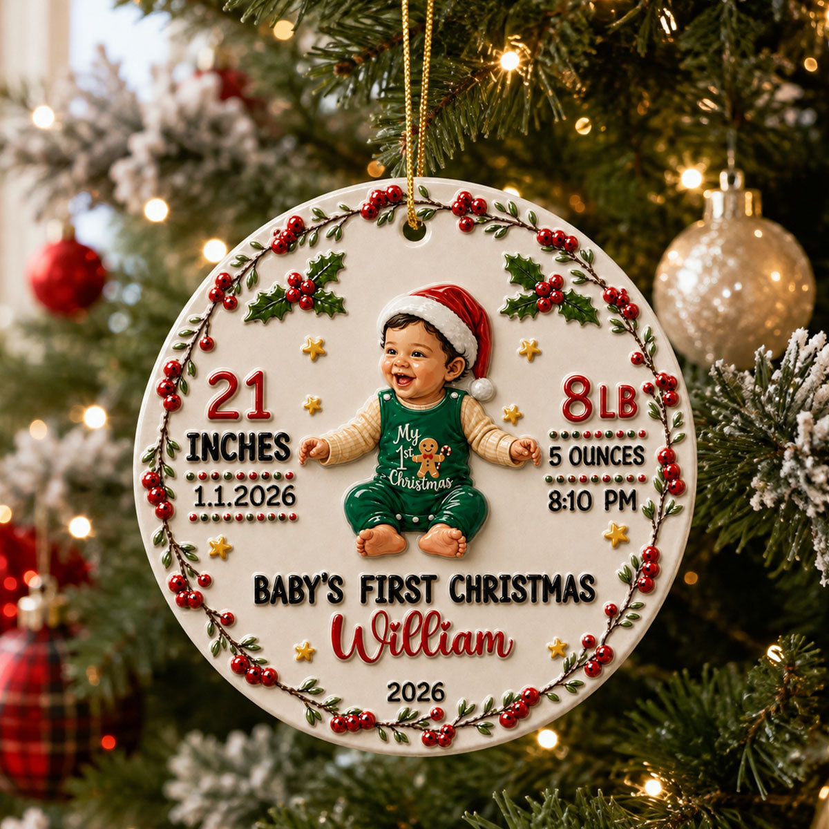 Watercolor Baby's First Christmas Photo - Real 3D Raised Ornament