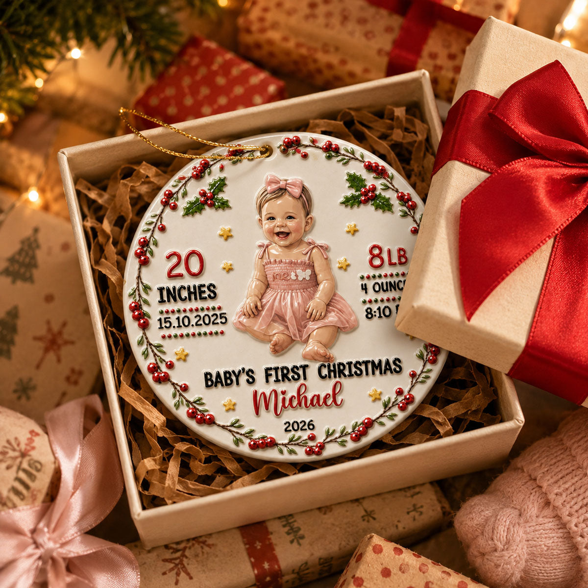 Watercolor Baby's First Christmas Photo - Real 3D Raised Ornament