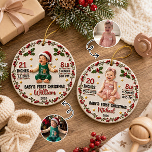 Watercolor Baby's First Christmas Photo - Real 3D Raised Ornament