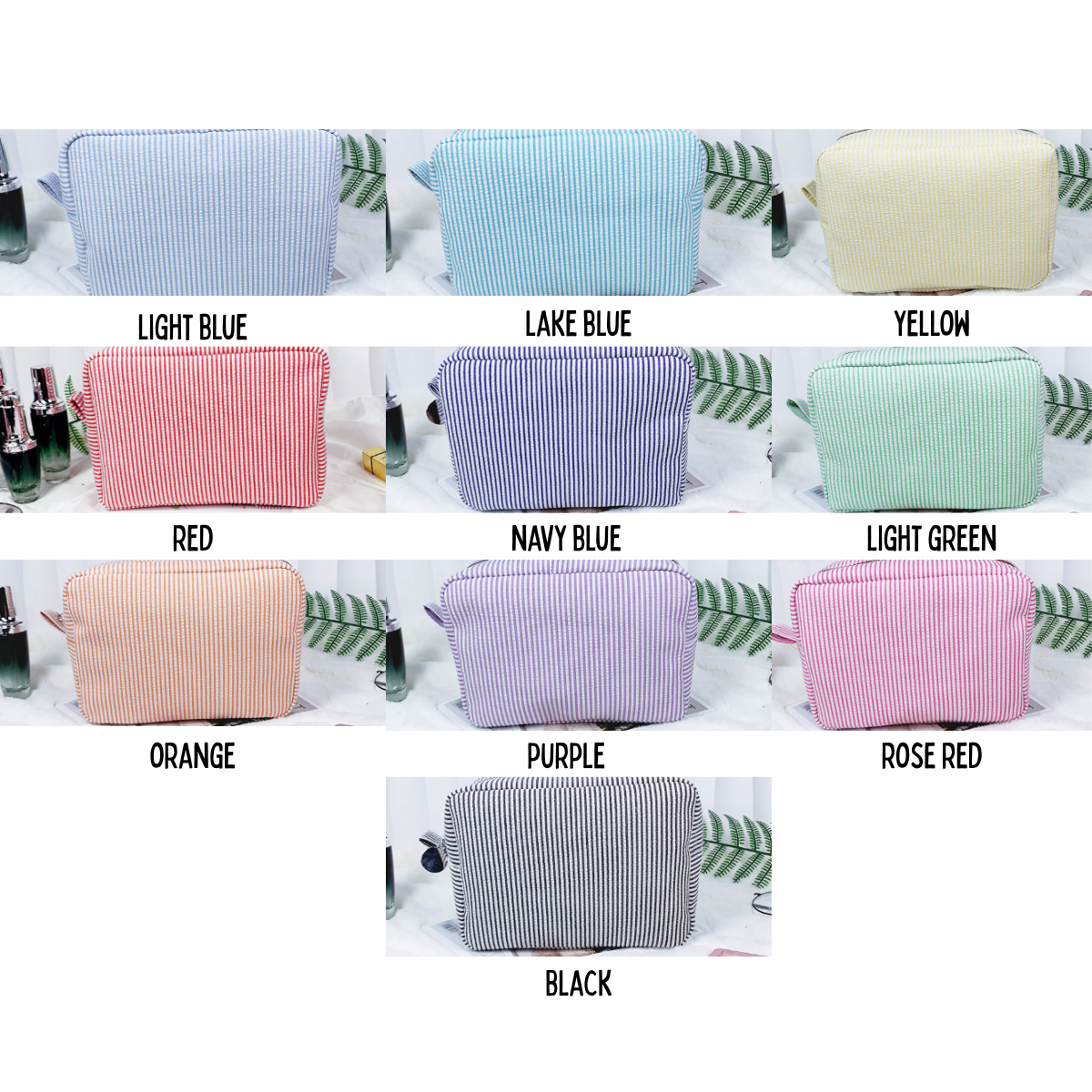 Personalized Seersucker Makeup Bag, Embroidered Cosmetic Bag, Bridesmaid Gifts, Large Capacity Monogrammed Toiletry Bag, Bridal Shower Gifts
