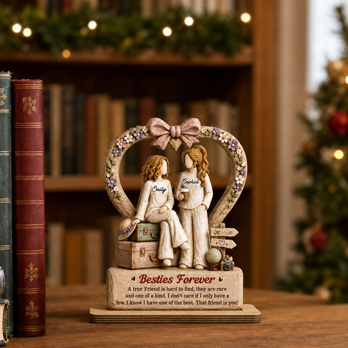 One Soul Two Besties - Personalized Wood Plaque With Flat Base - Gift For Bestie
