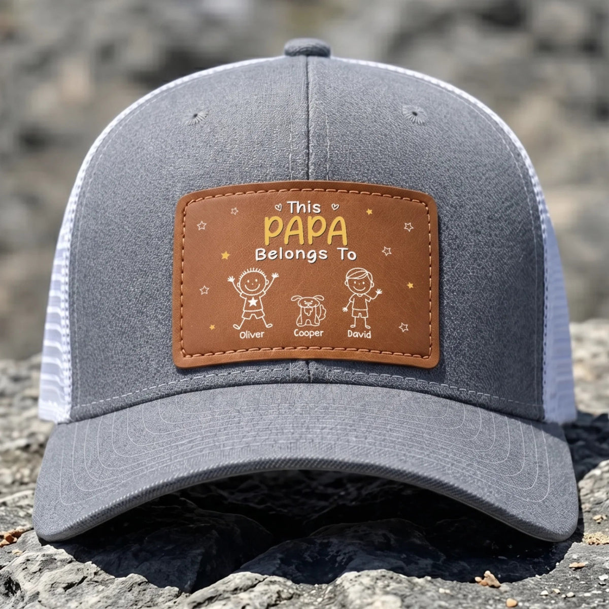 This Awesome Papa Belongs To Kids - Personalized Leather Label Net Hat - Gift For Father, Grandpa, Father's Day Gift