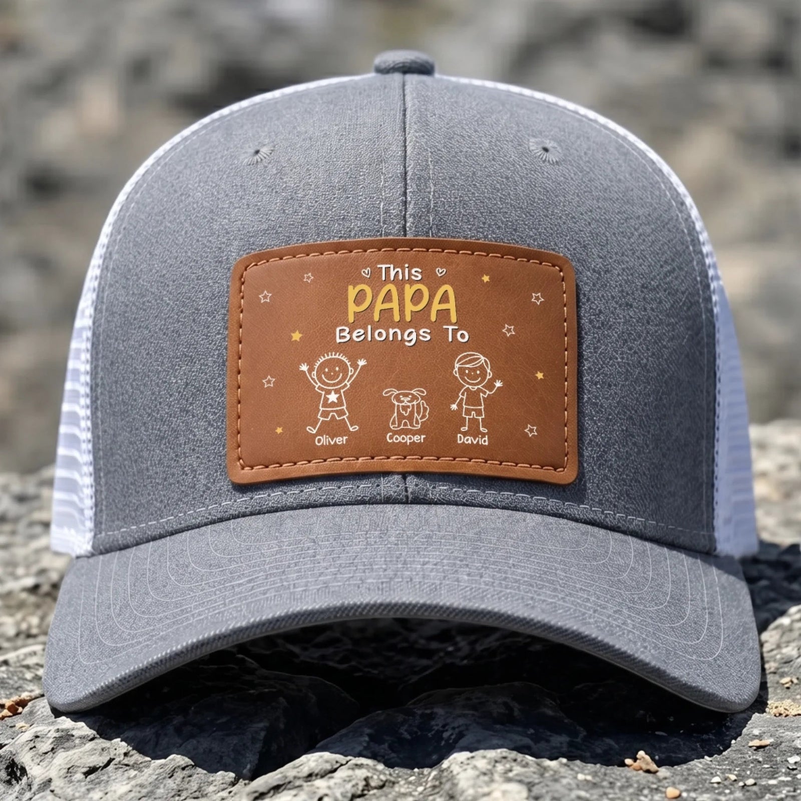 This Awesome Papa Belongs To Kids - Personalized Leather Label Net Hat - Gift For Father, Grandpa, Father's Day Gift