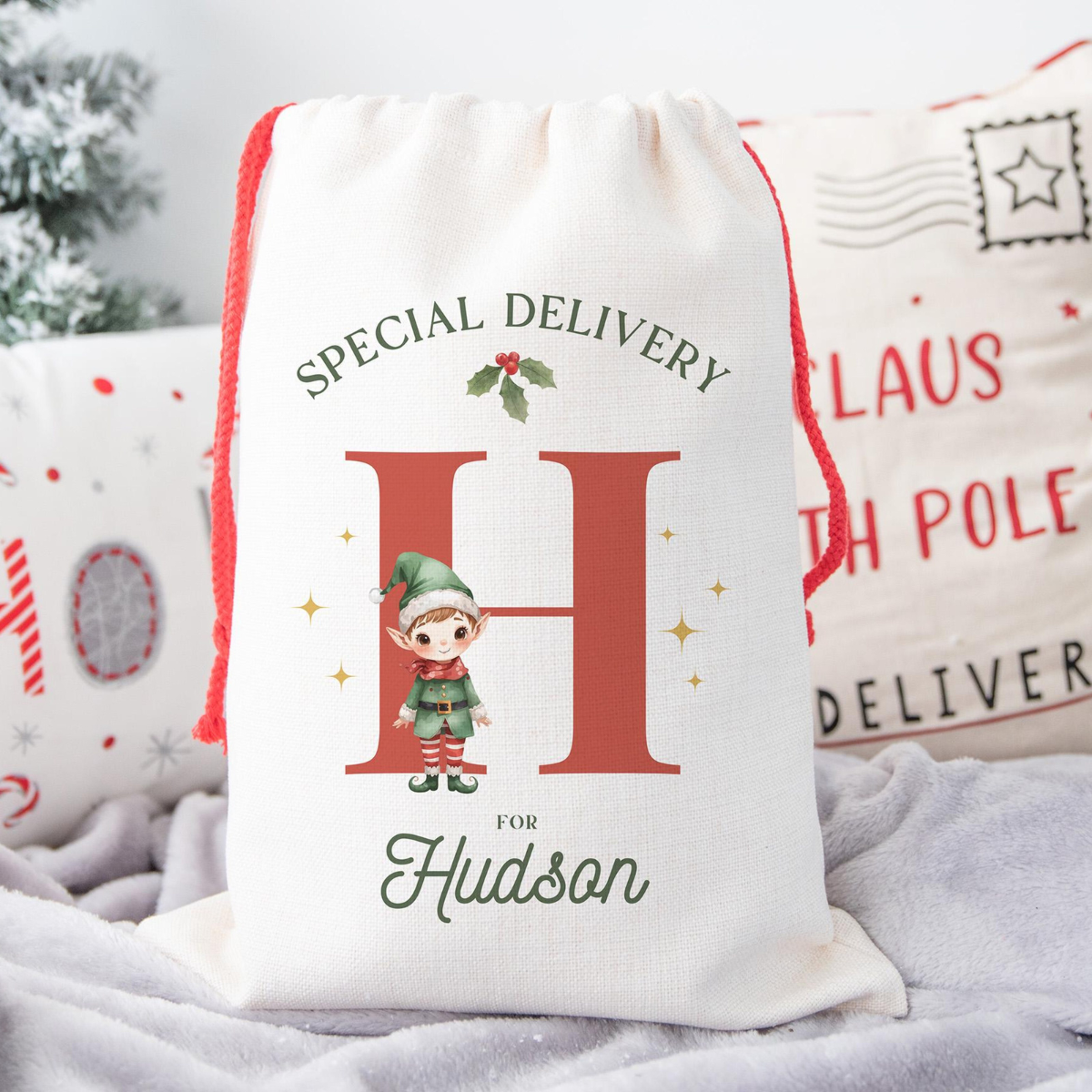 Personalized Elf Santa Sack for Boys, Santa's Helper Christmas Gift Bag, Custom Initial Name Special Delivery, North Pole Holiday Gift Wrap
