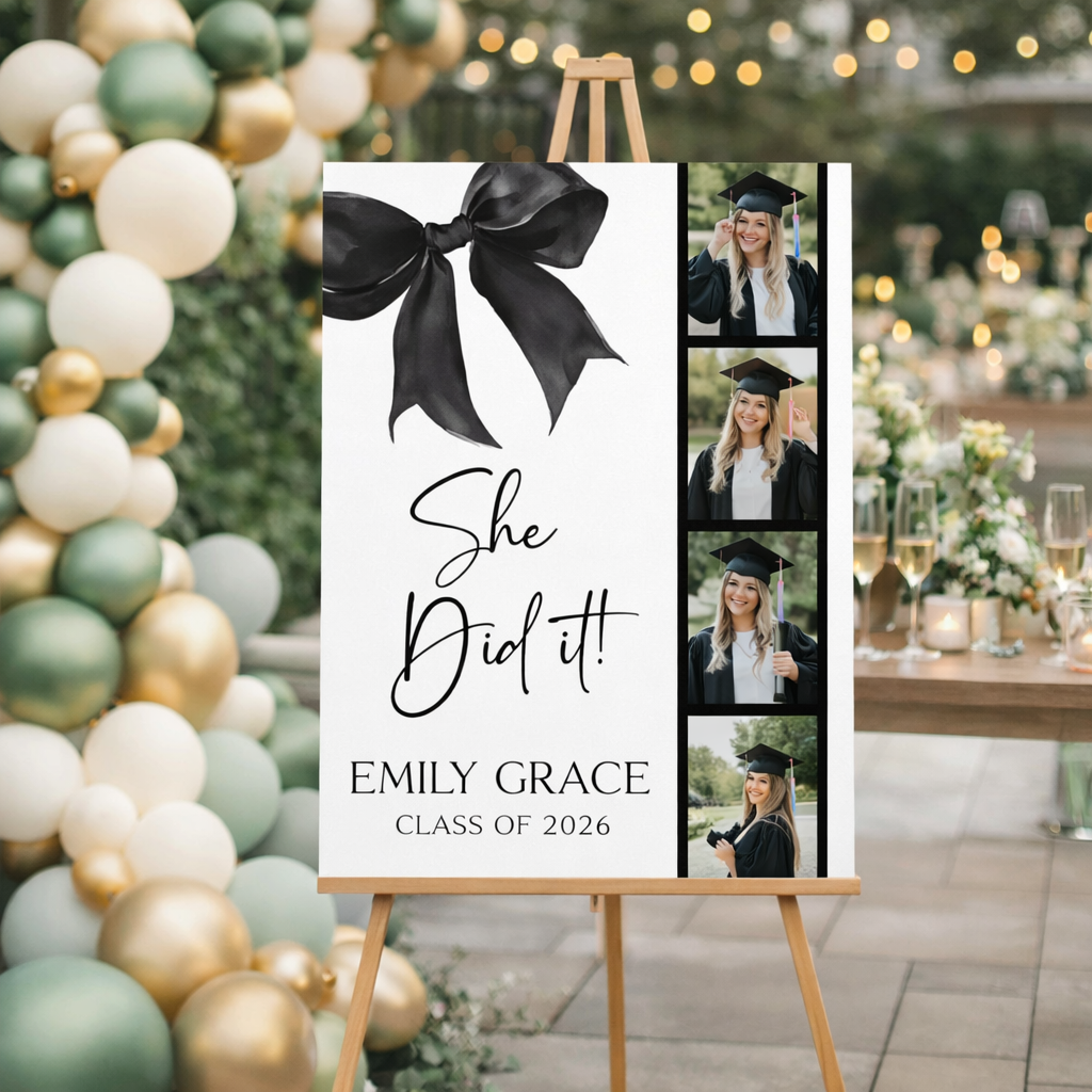 She Did It! Bow Graduation Welcome Sign with Photo Strip | Graduation Party Entrance Decor | Elegant Welcome Sign for Graduation