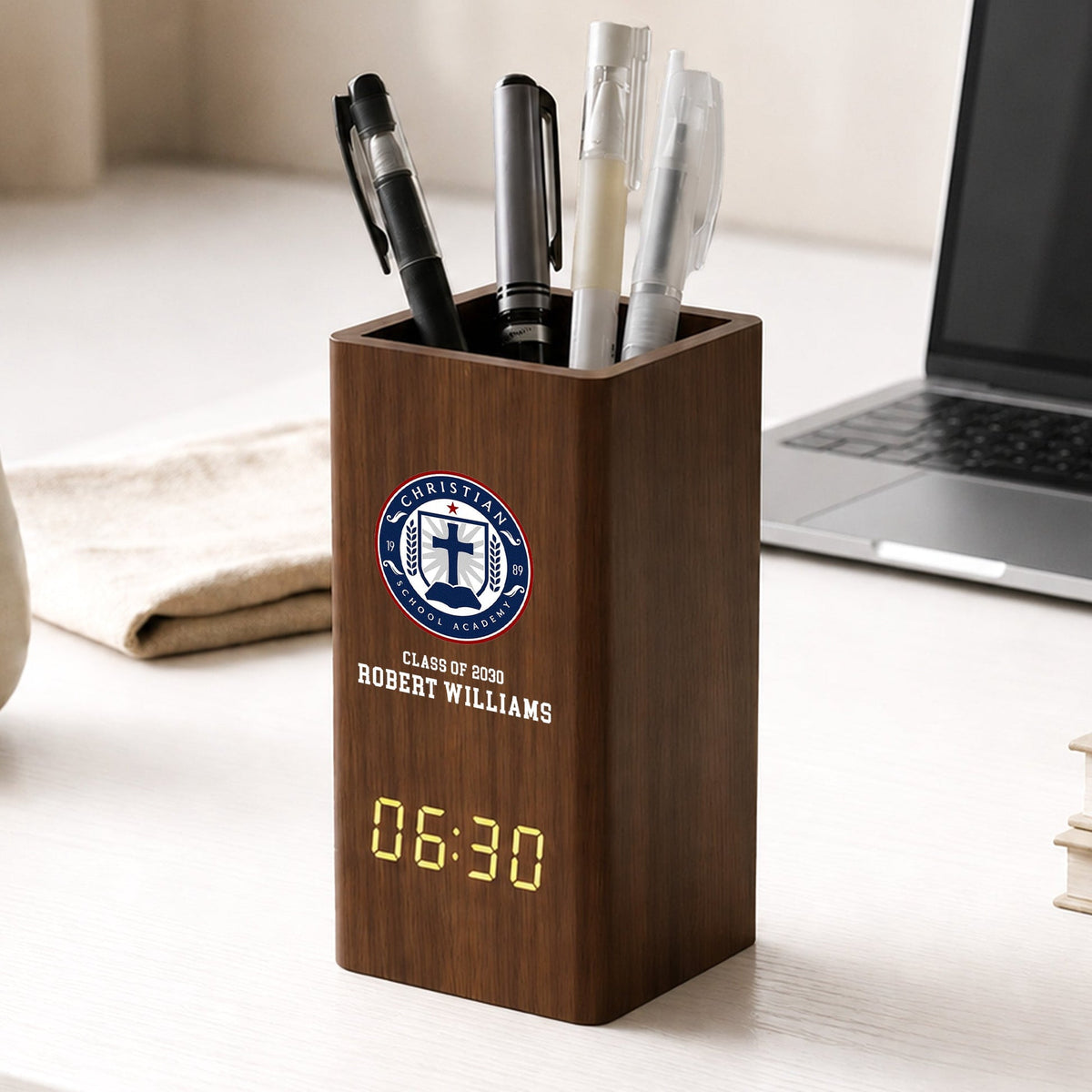 Custom School Logo - Personalized Pen Holder With Clock - Back To School Gift, Graduation Gift