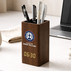 Custom School Logo - Personalized Pen Holder With Clock - Back To School Gift, Graduation Gift