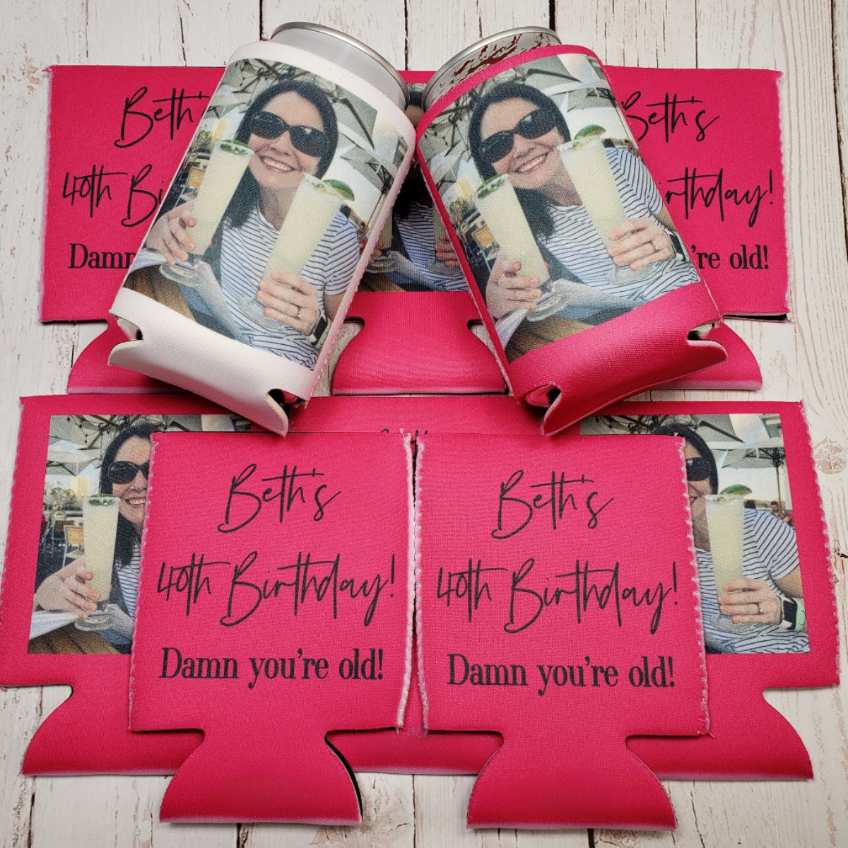 Custom Can Cooler with Photo & Text, Personalized Party Favor, 40th Birthday, Wedding, Graduation, Customizable Beer Sleeve