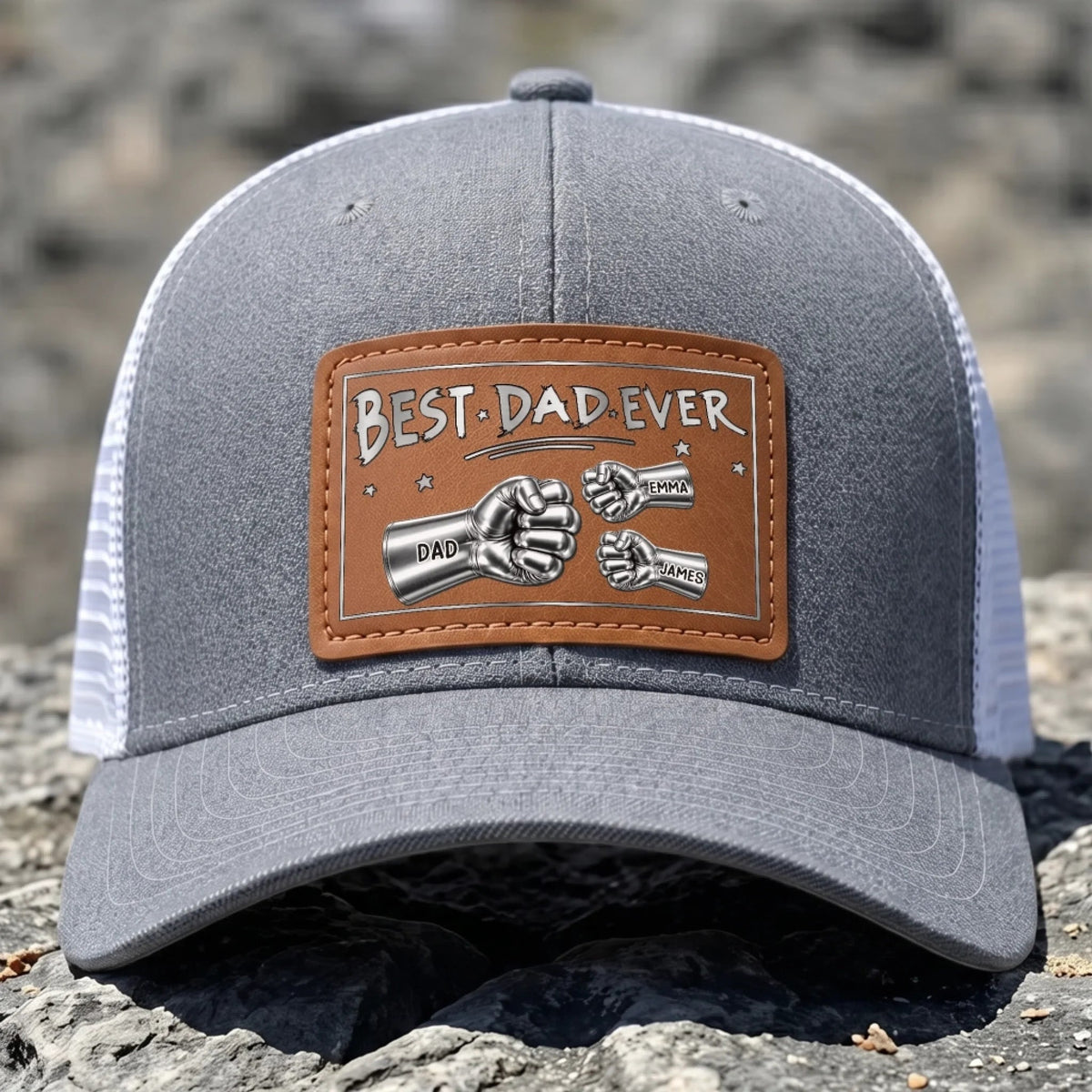 Best Dad Ever Steel Fist Bumps - Personalized Leather Label Net hat - Gift For Dad Papa, Father's Day Gift
