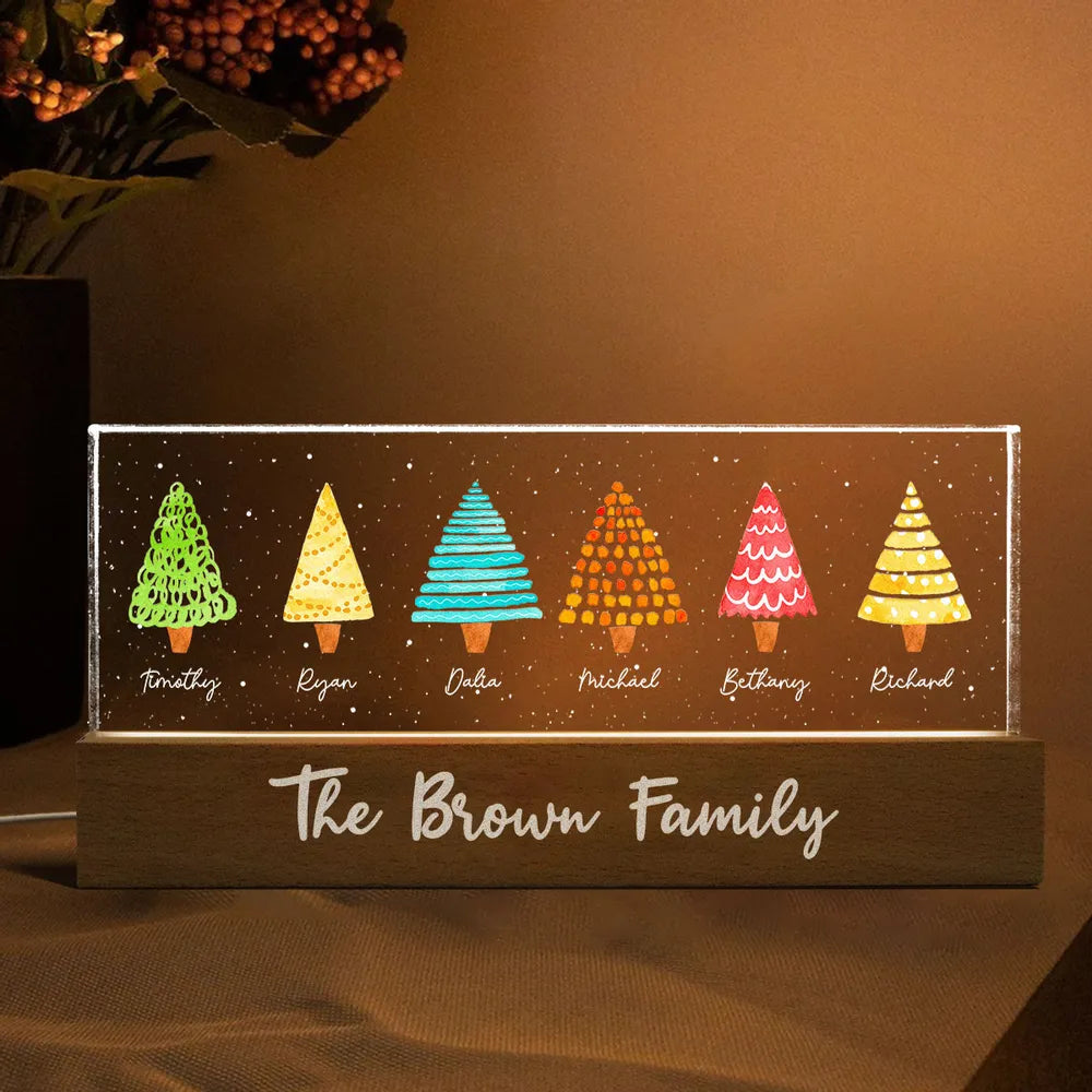 Colorful Christmas Tree Family Personalized Acrylic Block LED Night Light, Christmas Gift For Family