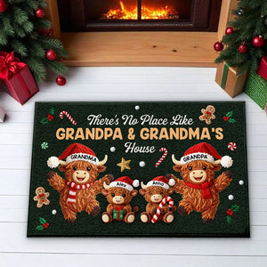 3D Faux Crochet Effect Christmas Grandma Grandkids Highland Cow Together - Personalized Doormat - Christmas Gift For Grandpa & Grandpa