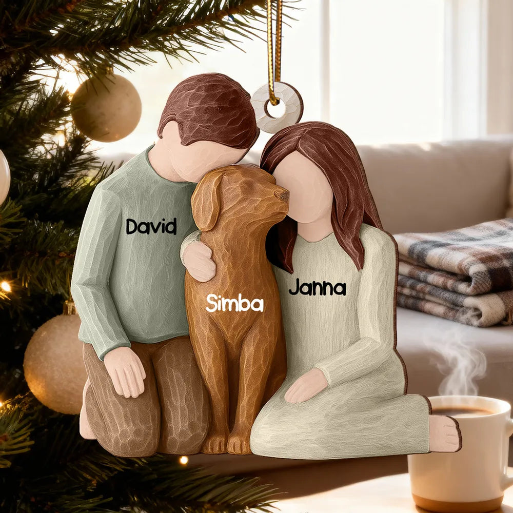 Couple and the Dogs 3D Effect - Personalized Wooden Ornament - Christmas Gift for Couple Dog Owners