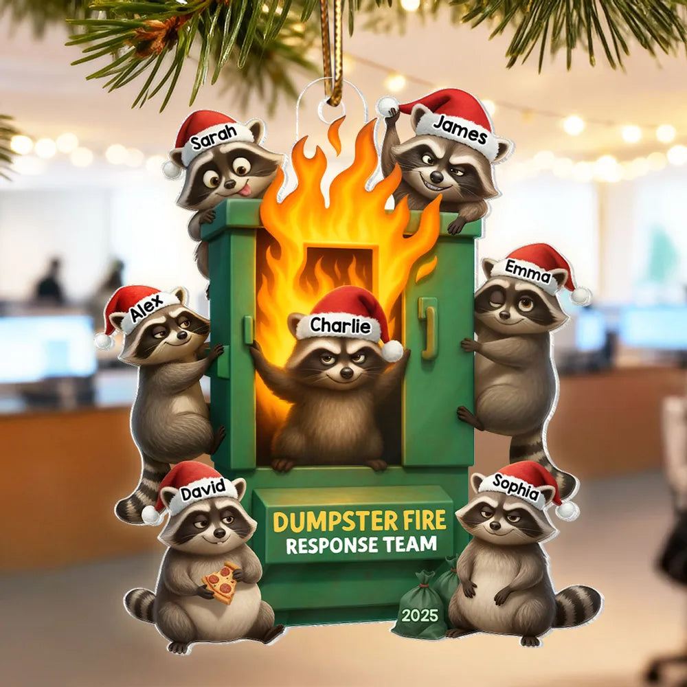 Cunning Raccoon Office Chaos Dumpster Fire Response Team - Personalized Acrylic Ornament - Funny Holiday Gift for Coworkers