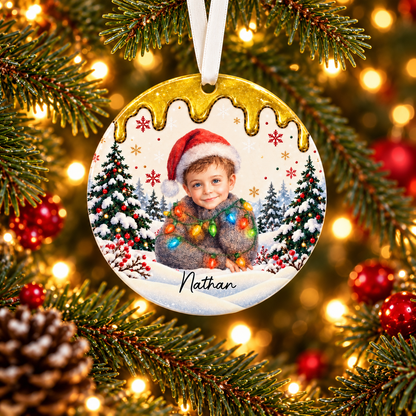 Personalized Nathan Christmas portrait ornament hanging on a Christmas tree — square banner