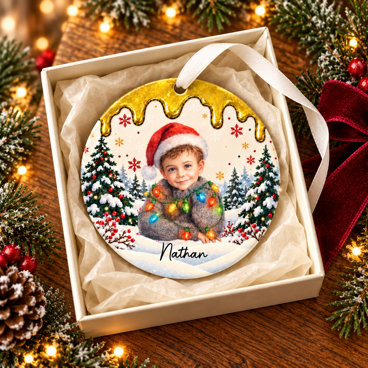 Personalized Nathan Christmas portrait ornament styled in a gift box — square banner