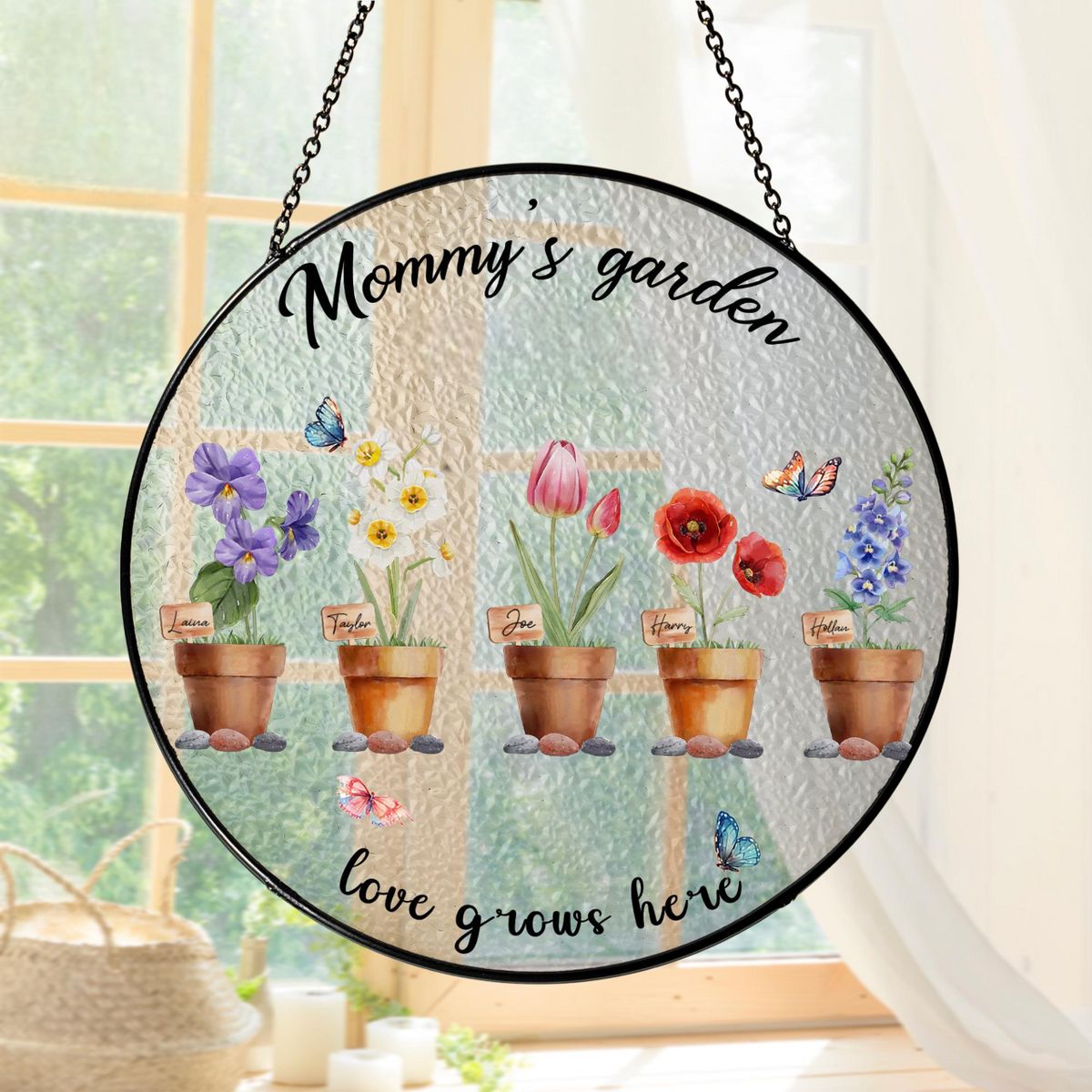 Birth Flowers Stained Glass Suncatcher, Custom Mommy's Garden Gift, Mom Gift, Christmas Gift, Birthday Gift For Mom