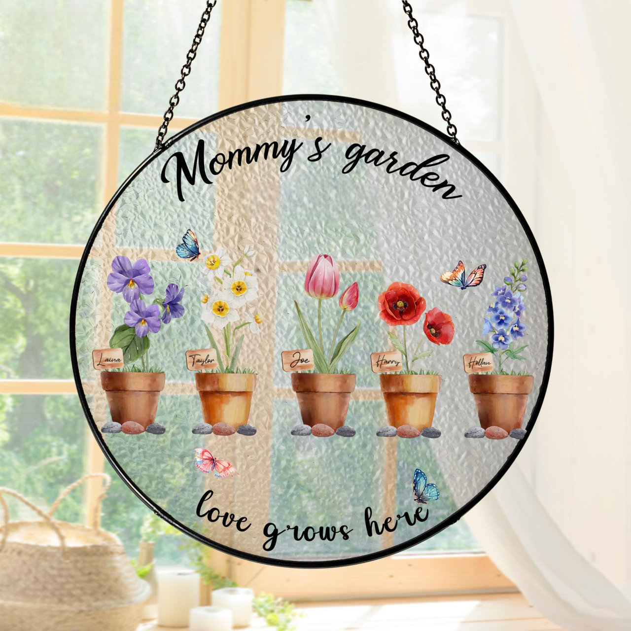 Birth Flowers Stained Glass Suncatcher, Custom Mommy's Garden Gift, Mom Gift, Christmas Gift, Birthday Gift For Mom