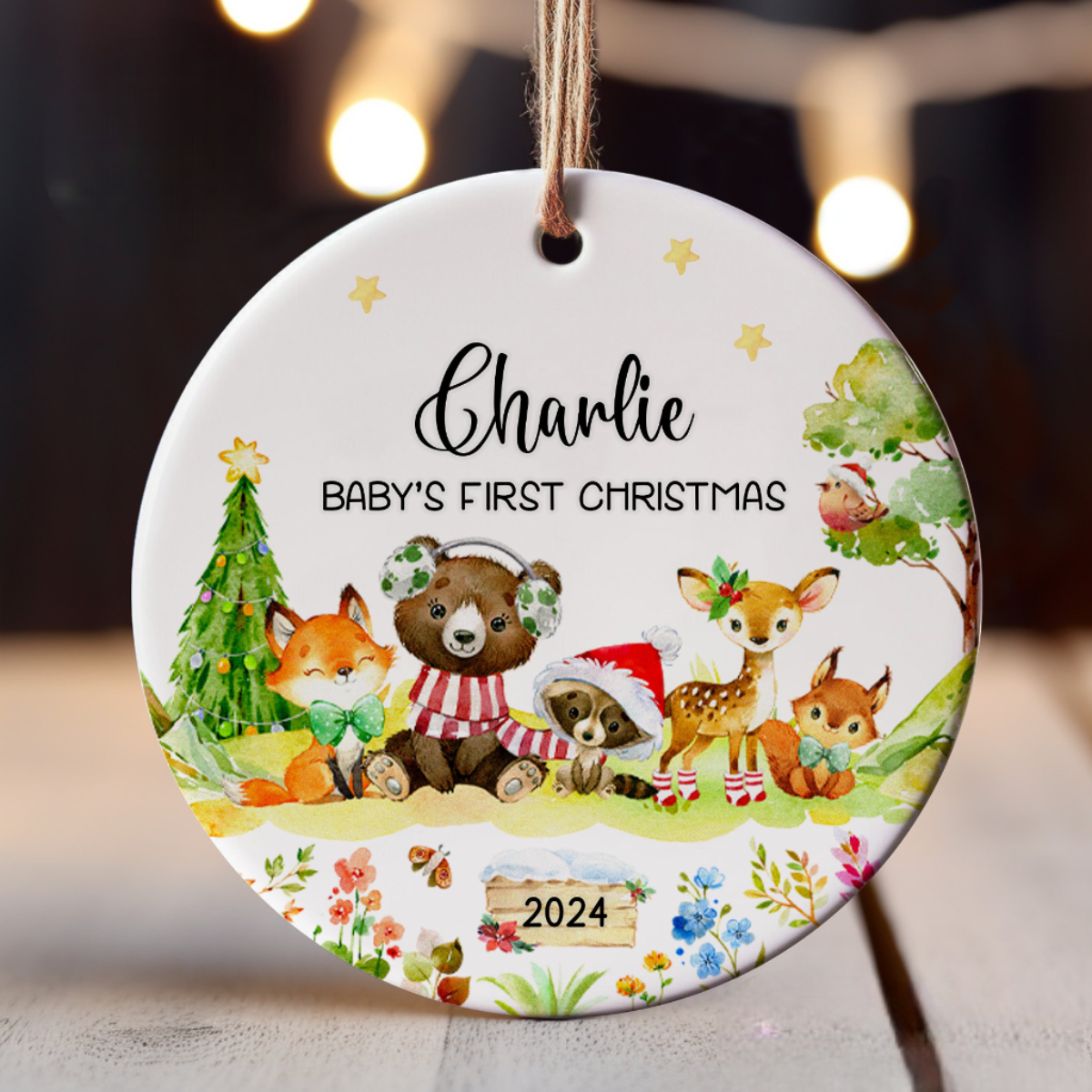 Personalized Baby's First Christmas Ornament 2025, Woodland Animals Christmas Keepsake