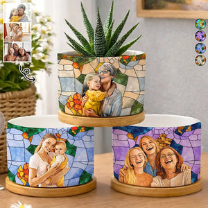 Custom Photo Stained Glass Portrait Family Photo - Personalized Ceramic Plant Pot - Gift For Mother, Grandma, Family