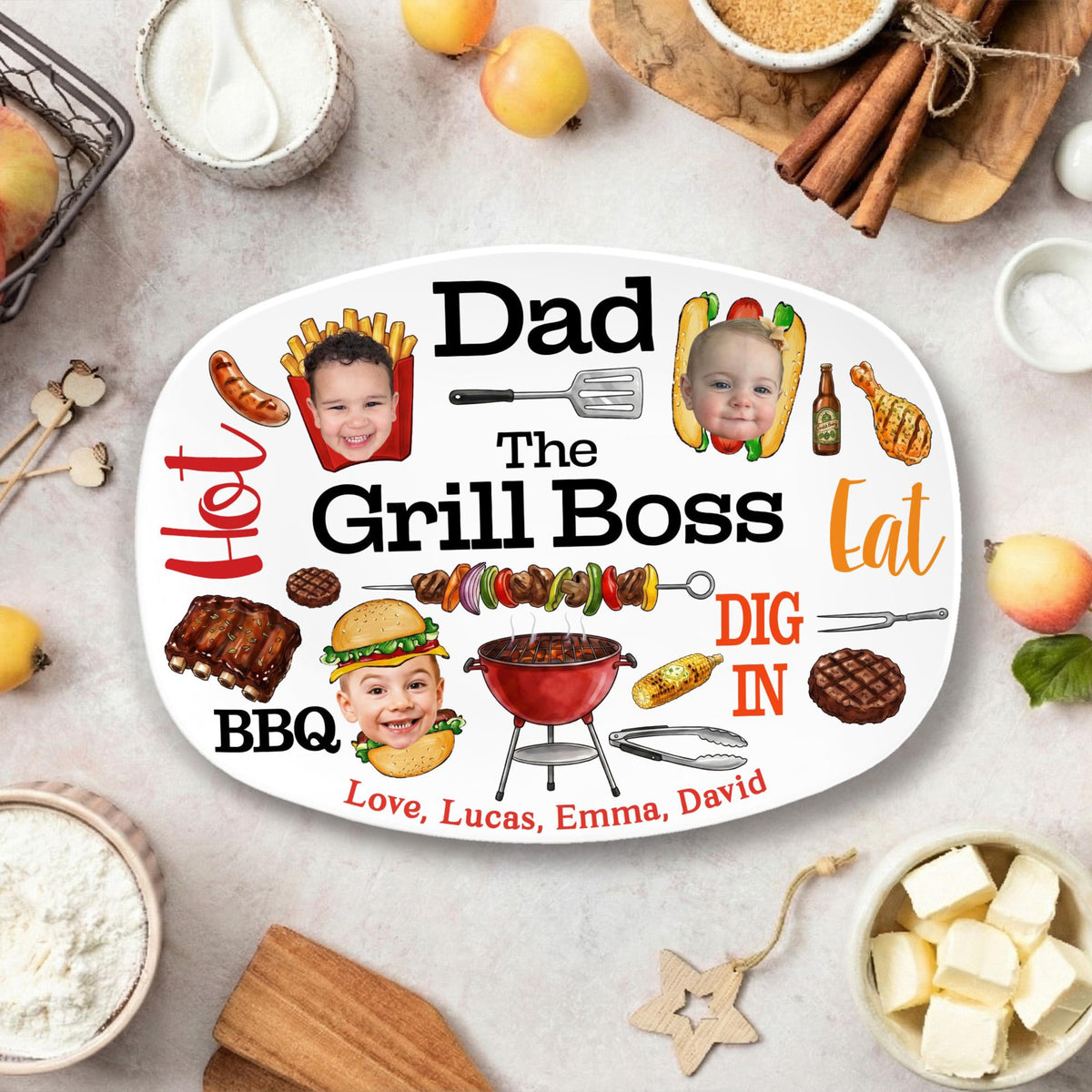 Personalized Dad Grilling Platter with Kids Faces, Funny Kids Face Platter, BBQ Dad Gift, The Grill Boss Plate, Fathers Day Gift for Husband