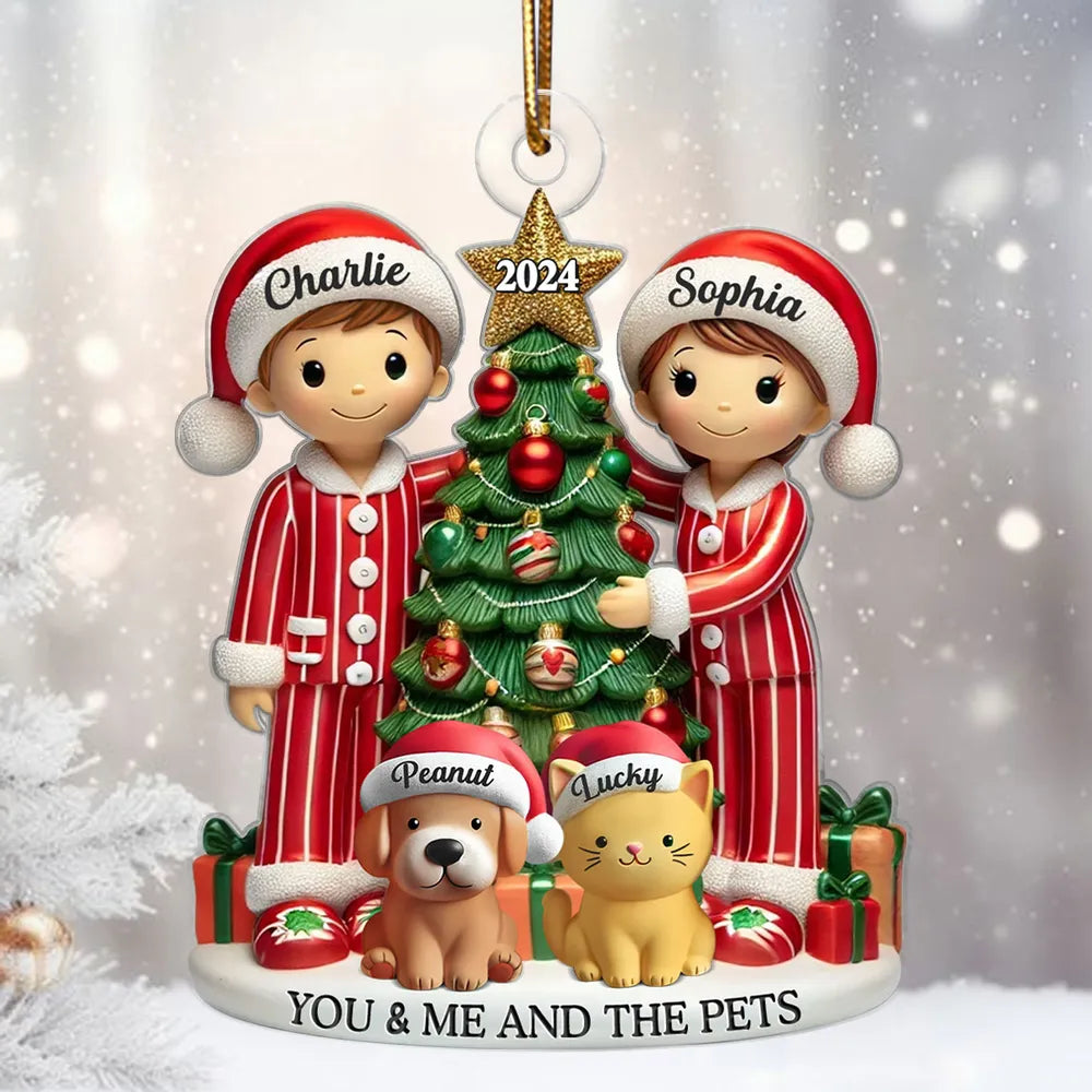 Christmas Pyjamas Couple With Dogs Cats - Personalized Acrylic Ornament - Christmas Gift For Cat Lovers, Dog Lovers