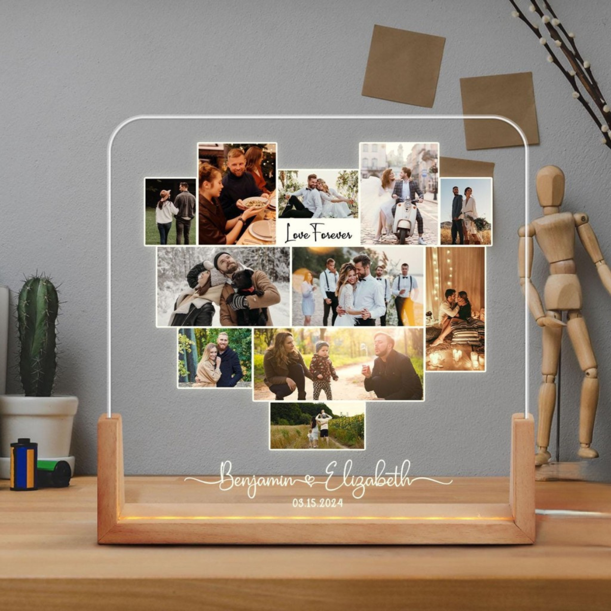 Couple Photo Collage Led Light, Personalized Photo Night Light Plaque, Valentine Day Gifts For Him Her, Gift for Couples, Anniversary Gift