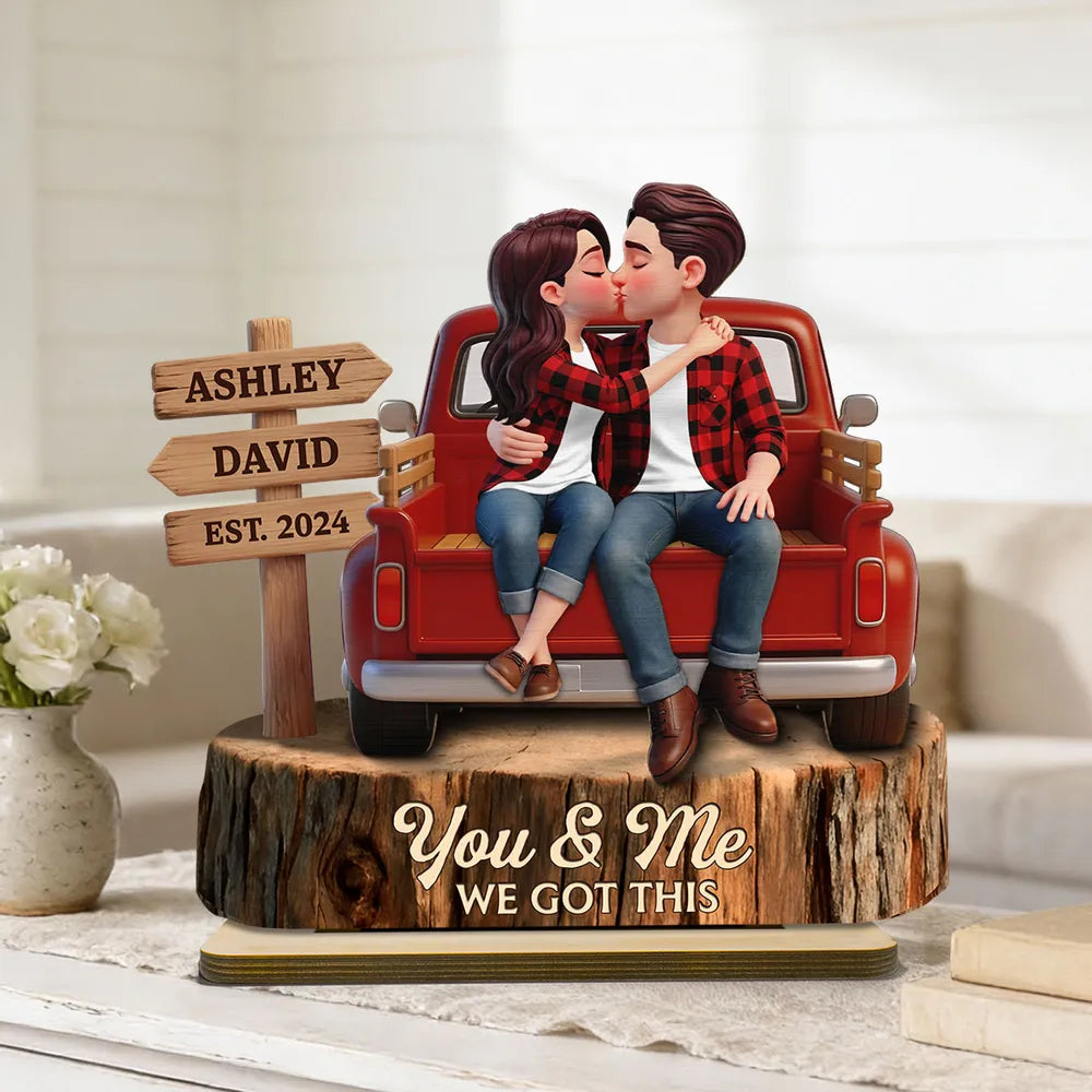 Kissing Couple Pickup Truck Sign Posts - Personalized Wooden Plaque With Flat Base - Valentine's Day Gift For Couple, Farmhouse Decor