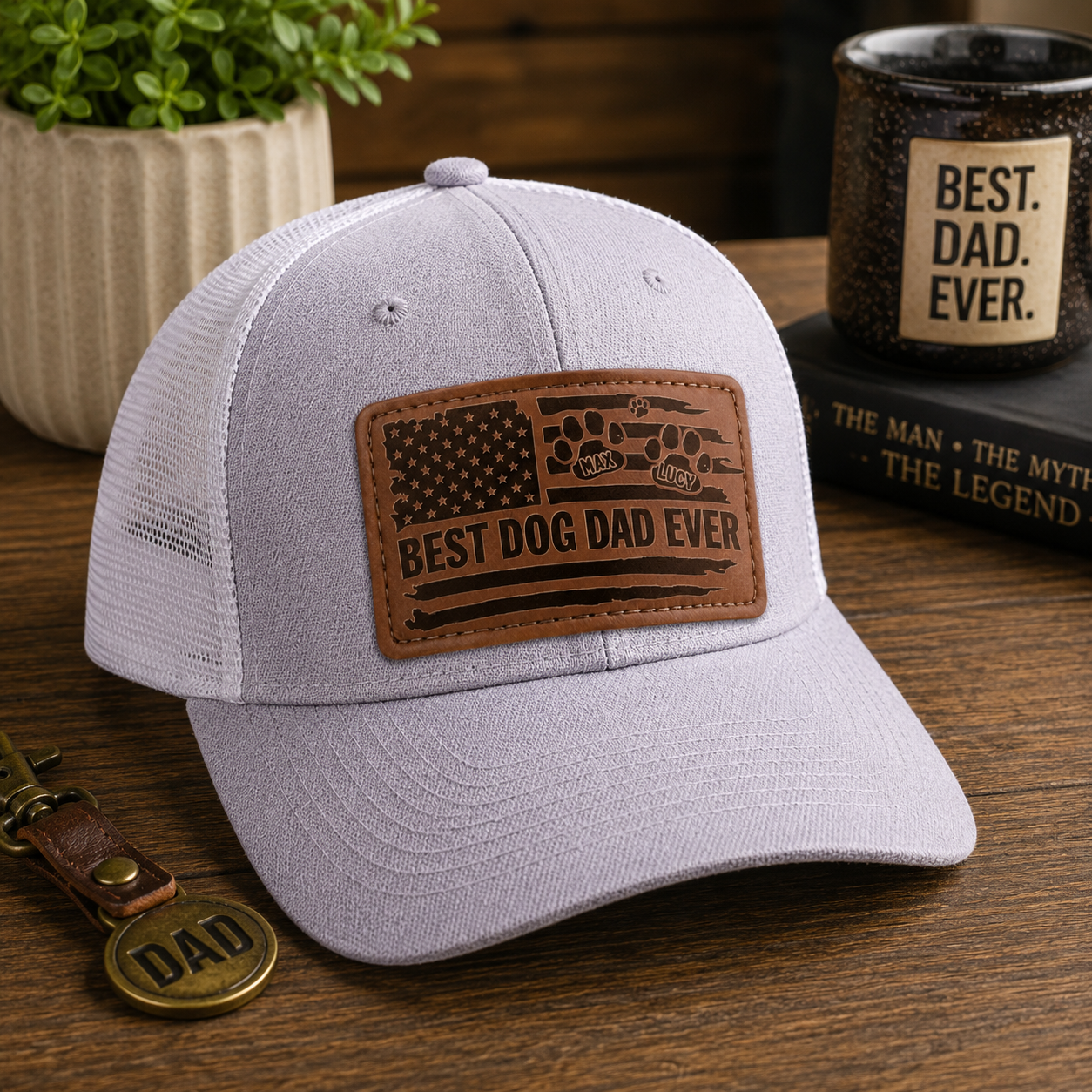 Best Dog Dad Ever - Personalized Leather Label Net Hat - Gift For Dog Dad, Dog Lovers