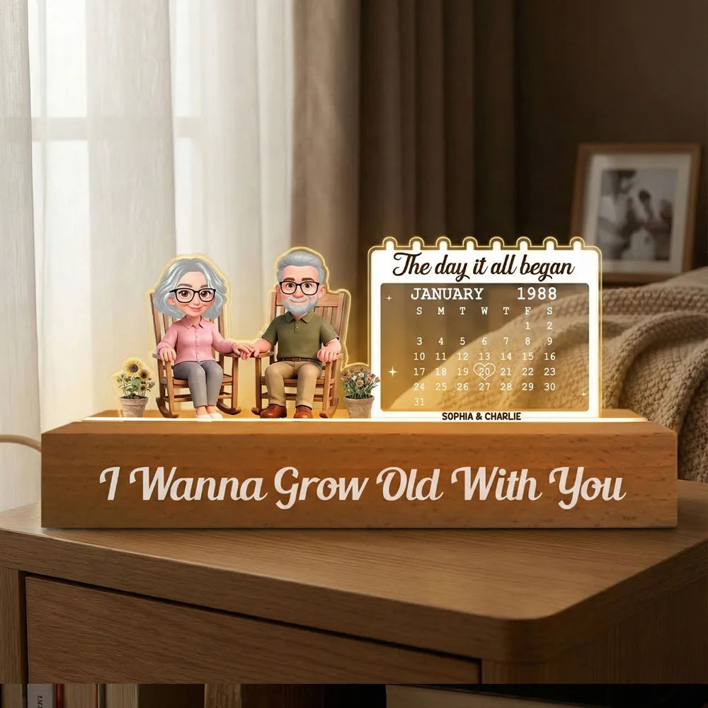 Old Couple Sitting On Rocking Chair Anniversary Date - Personalized 3D LED Light Wooden Base - Gift For Couple