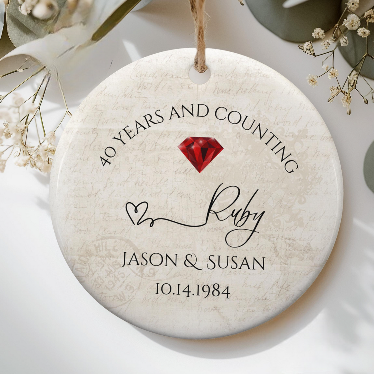 Personalized 40th Anniversary Ornament, Ruby Wedding Anniversary Gift, 40 Year Anniversary Ceramic Ornament, 40 Years Married Gift For Husband Wife