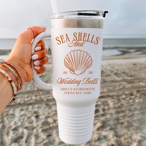 Seashells And Wedding Bells 40oz Tumbler, Custom Bachelorette Gift Beach, 40oz Insulated Cup Bridesmaid Proposal Gift Tumbler With Handle Bach