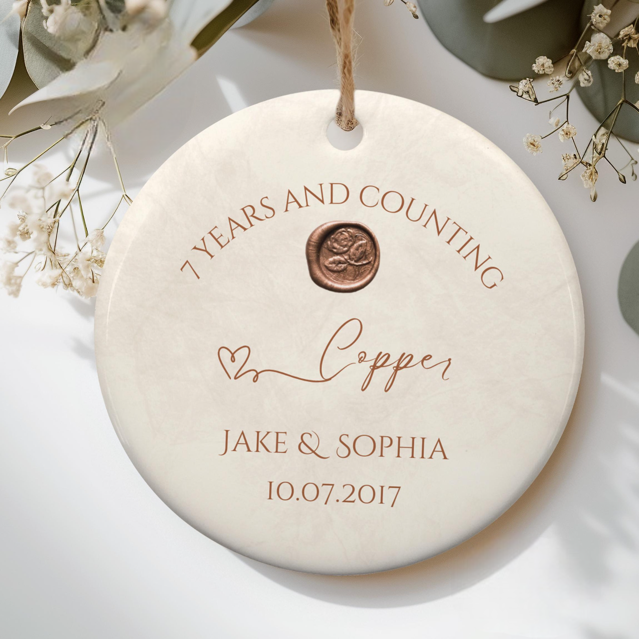 Personalize 7th Anniversary Ornament, Copper Wedding Anniversary Gift, Seventh Year Anniversary Ceramic 7 Years Married Keepsake