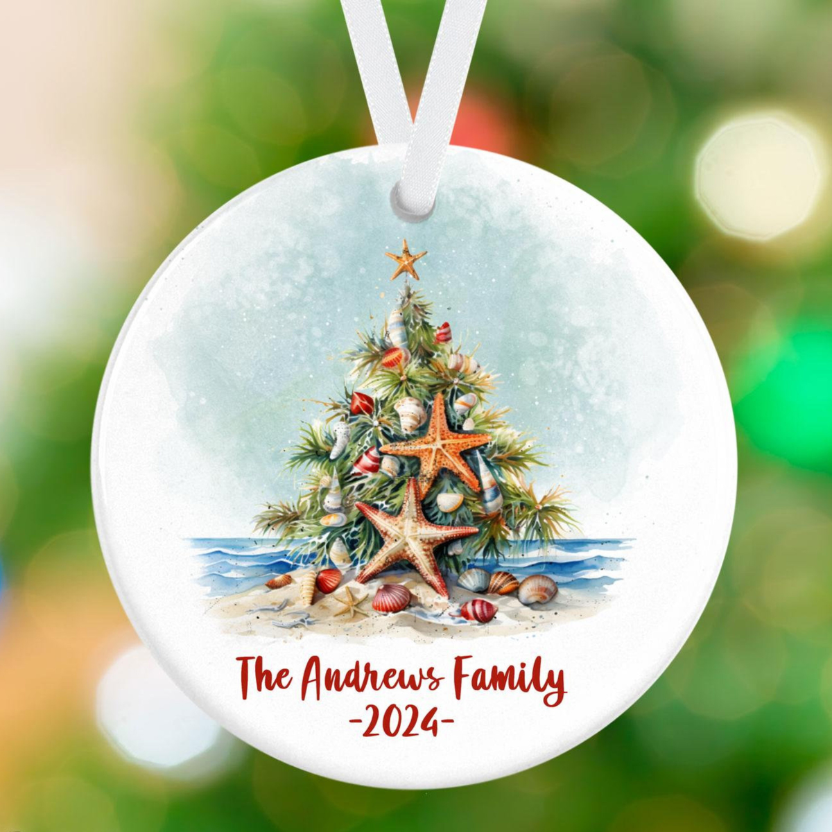 Tropical Family Christmas Ornament, Personalized Holiday Ornament, Beach Christmas Ornament, Starfish Ornament