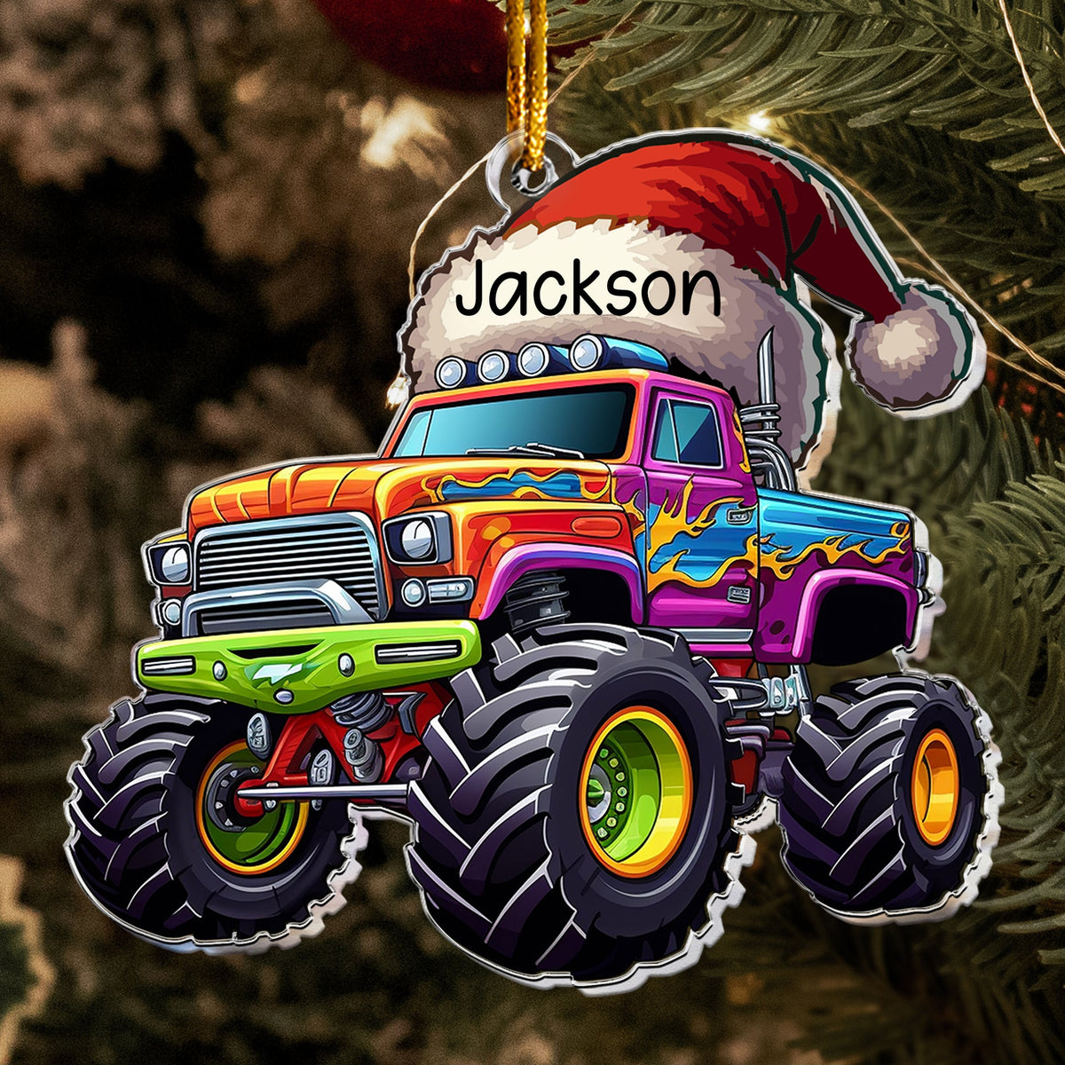 Monster Truck Christmas Hat - Personalized Acrylic Shaped Ornament - Gifts For Son, Boy, Kids