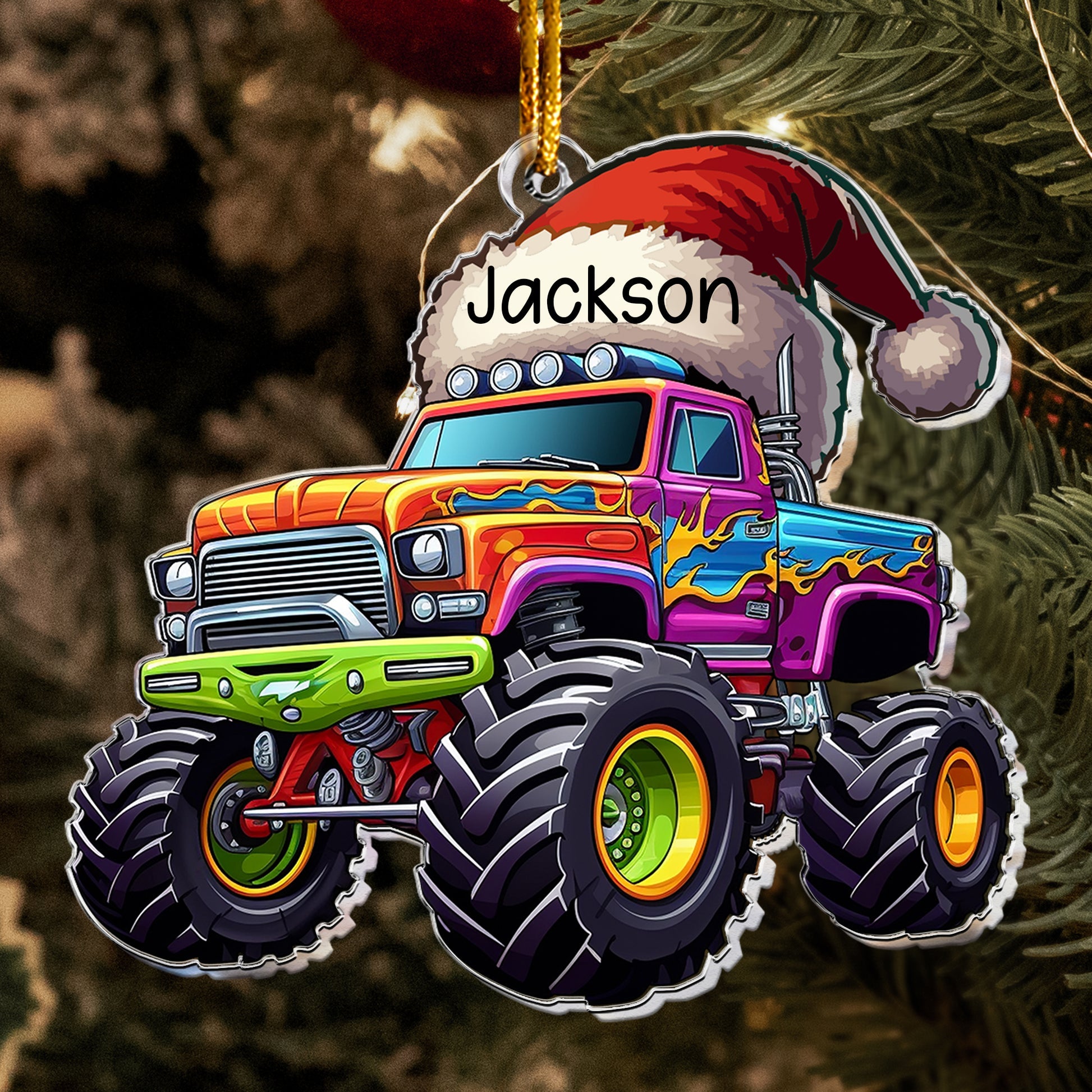 Monster Truck Christmas Hat - Personalized Acrylic Shaped Ornament - Gifts For Son, Boy, Kids