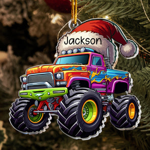 Monster Truck Christmas Hat - Personalized Acrylic Shaped Ornament - Gifts For Son, Boy, Kids