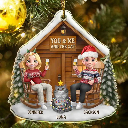 You & Me And The Cat 3D Effect Christmas Couple - Personalized Acrylic Ornament - Christmas Gift For Couple, Gift For Cats Owner