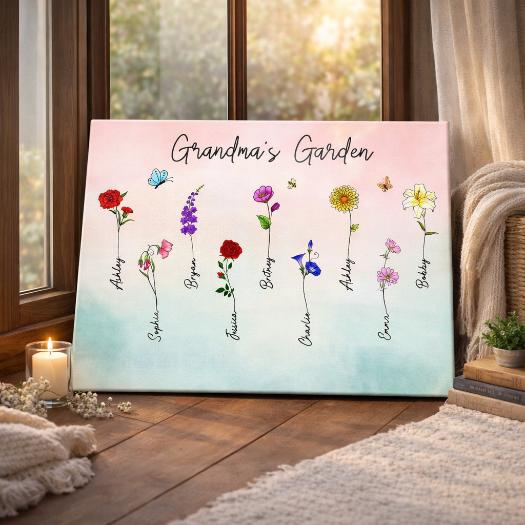 Birth Month Flower Gift For Grandma - Personalized Canvas - Gift For Mom Grandma, Mother's Day Gift