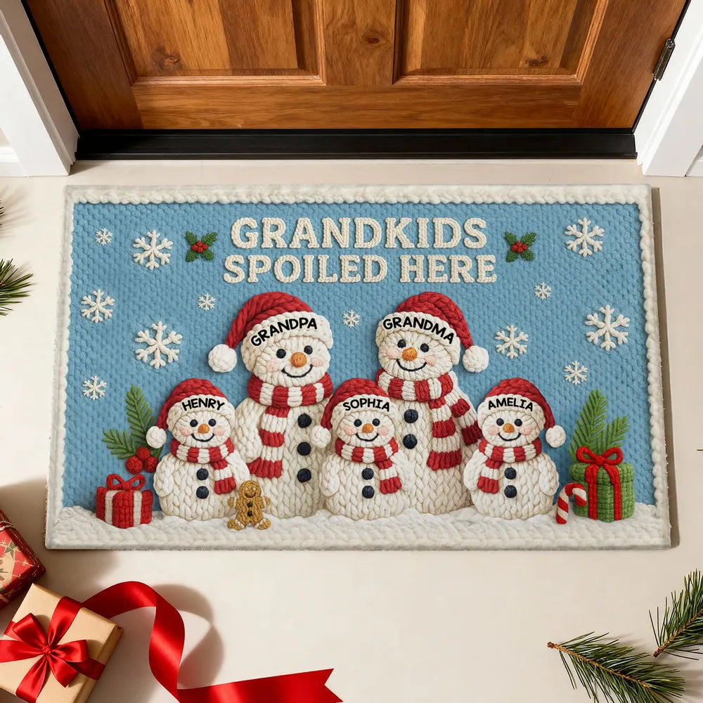 Snowman Family Crochet Faux Yarn Texture - Personalized Doormat - Christmas Decoration