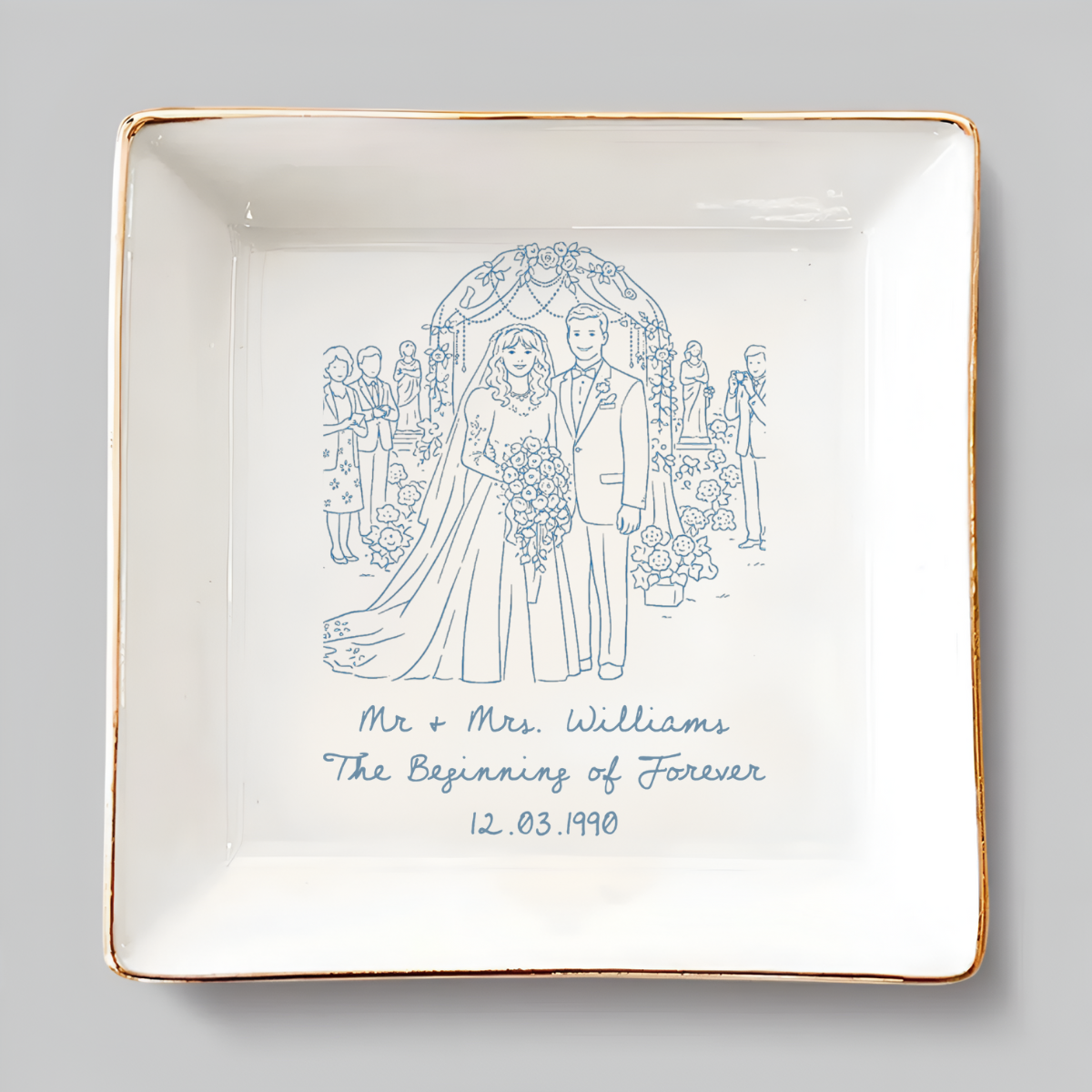 Custom Photo Wedding Anniversary Jewelry Plate for Married Couple, Personalized Ceramic Ring Dish & Marriage Keepsake