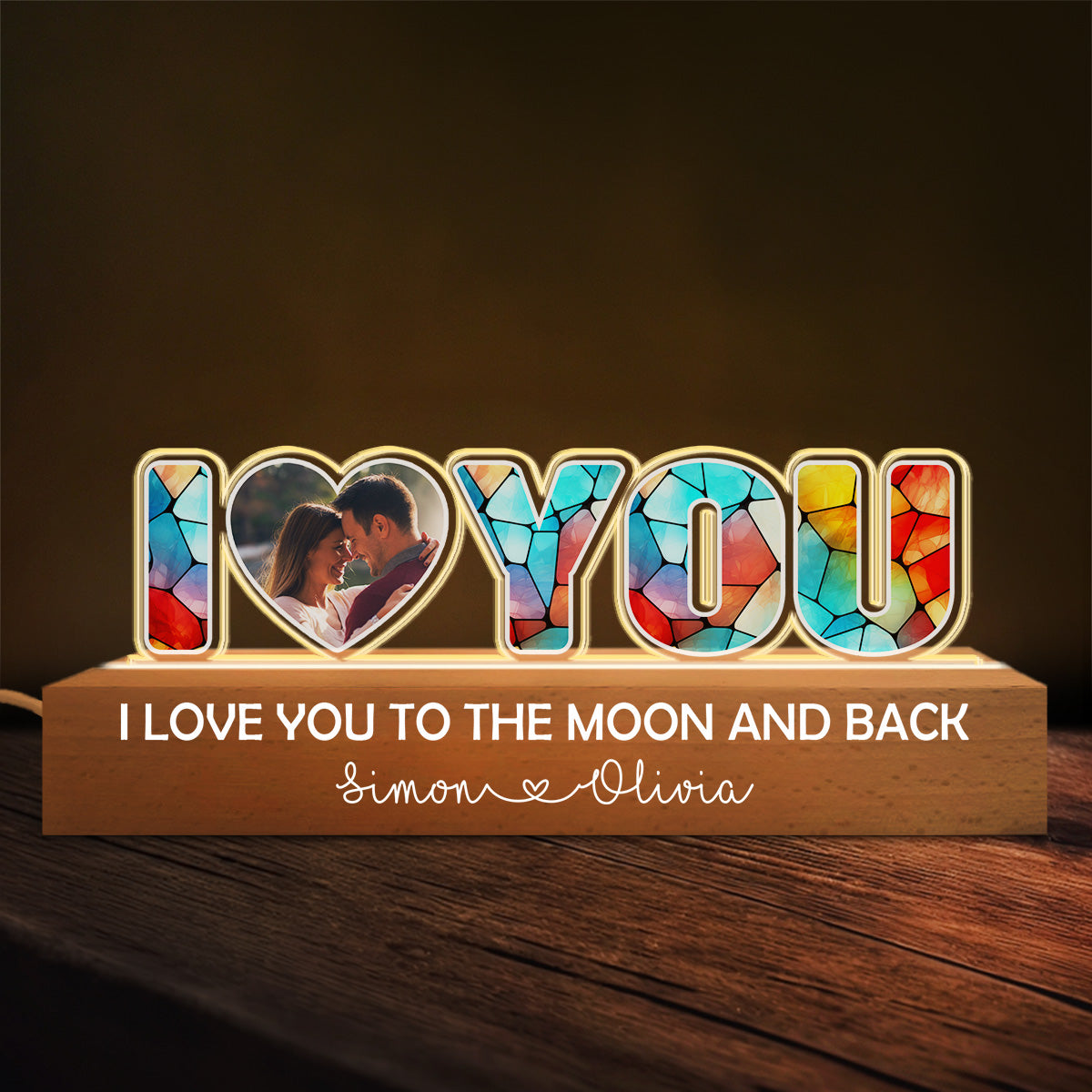 I Love You To The Moon & Back Mosaic Pattern - Personalized 3D LED Light Wooden Base - Gift For Couple, Anniversary Gift