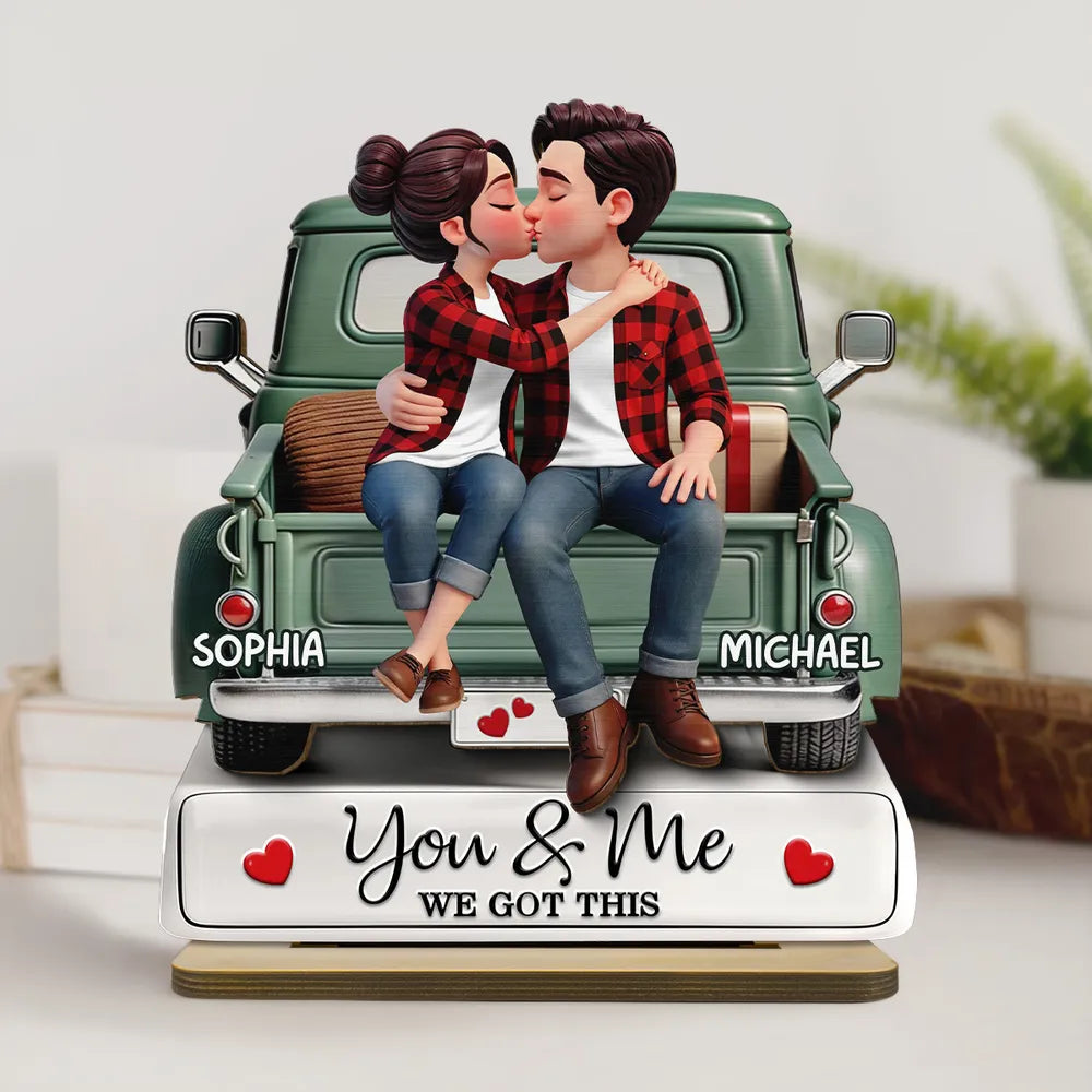 3D Kissing Couple On The Truck - Personalized Wooden Plaque With Flat Base - Valentine's Day Gift For Couple, For Him, For Her