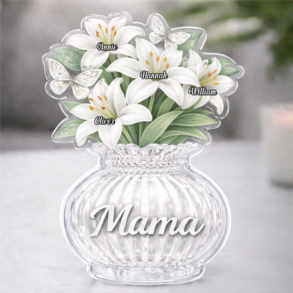 Custom White Lily Acrylic Block, Personalized Mother's Day Gift for Mom & Grandma with Kids' Names