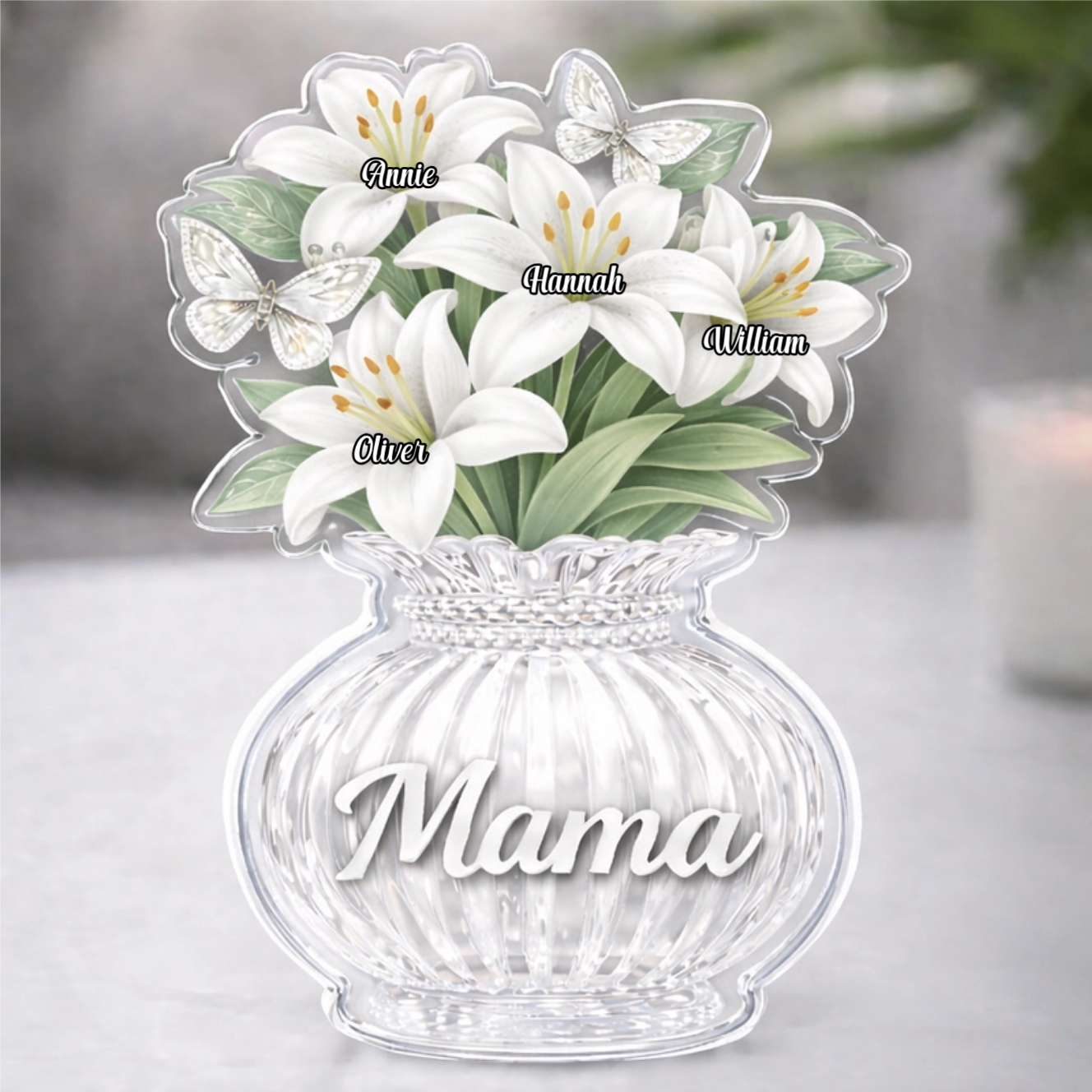Custom White Lily Acrylic Block, Personalized Mother's Day Gift for Mom & Grandma with Kids' Names