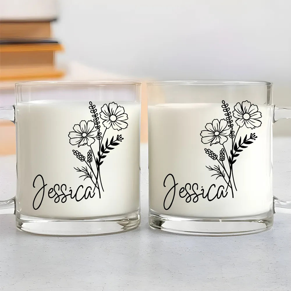 Custom Birth Month Flower Line Art - Personalized Glass Mug - Gift For Friends, Bestie, Soul Siser, BFF