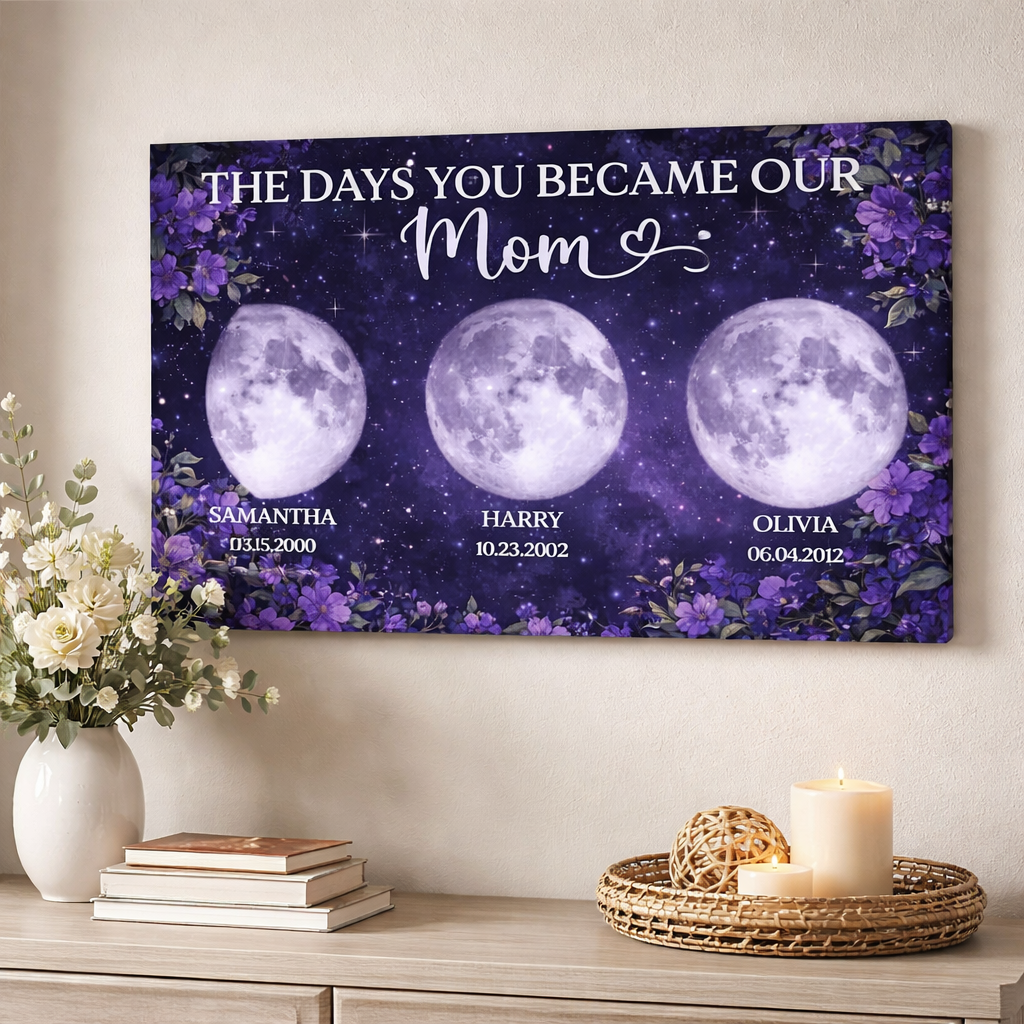 Purple Flowers Custom Birth Moon Phase - Personalized Canvas - Mother's Day Gift For Mom, Grandma
