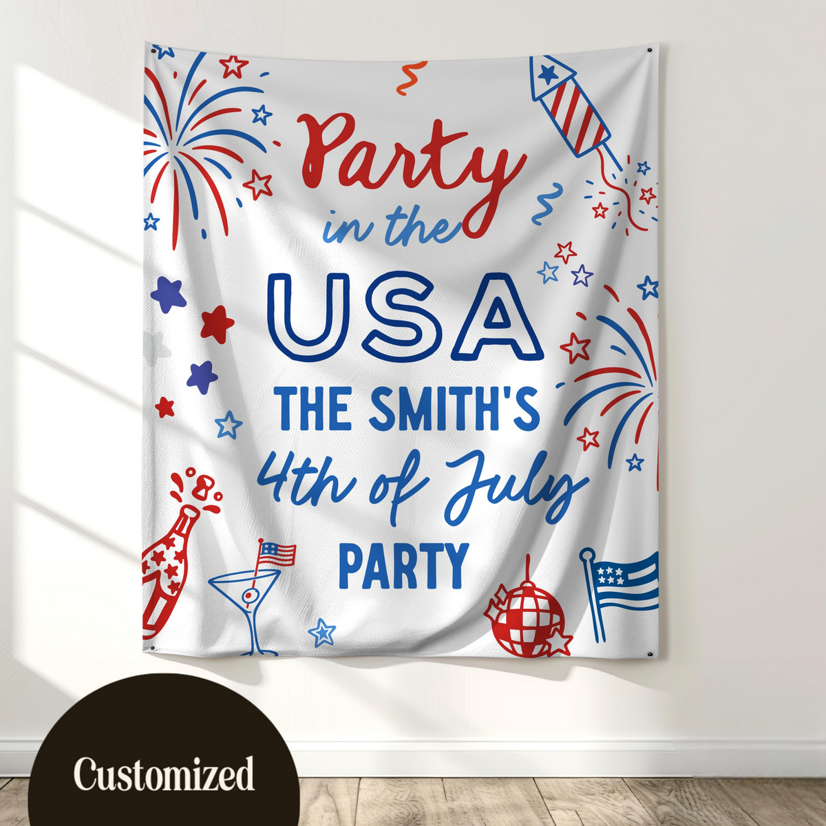 Personalized 4th of July Party Banner, Family BBQ Sign, America 250th Anniversary Photo Backdrop Tapestry, USA Celebration Decor